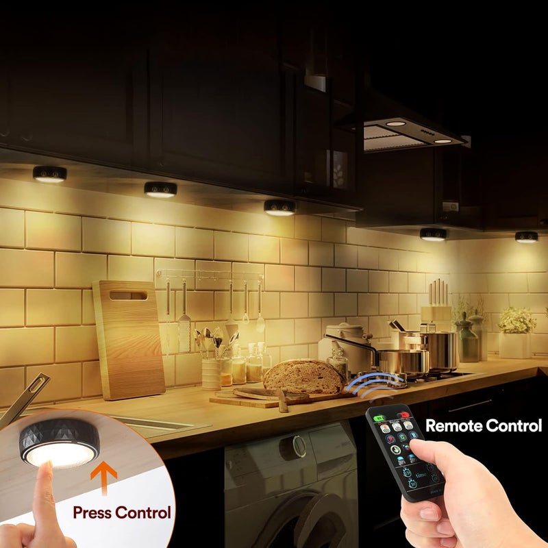 TECOMLIGHT Store LED Puck Lights with Remote Control, Battery Operated Wireless Closet Lights, Under Cabinet Lighting Stick on Tap Push Light, Color Changing Under Counter Light for Kitchen, 2 Pack - Black - Image 2